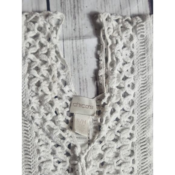 Chicos Size S/M Crochet Knit Top White Lace Short Sleeve Sheer Cover Up Boho - Picture 4 of 10